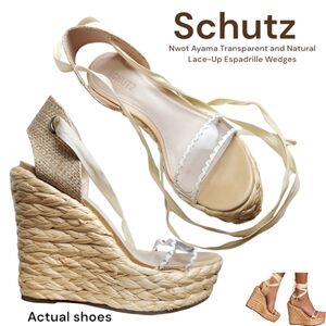 Schutz Ayama Transparent Natural Lace-Up Leather Espadrille Wedges Platform Shoe